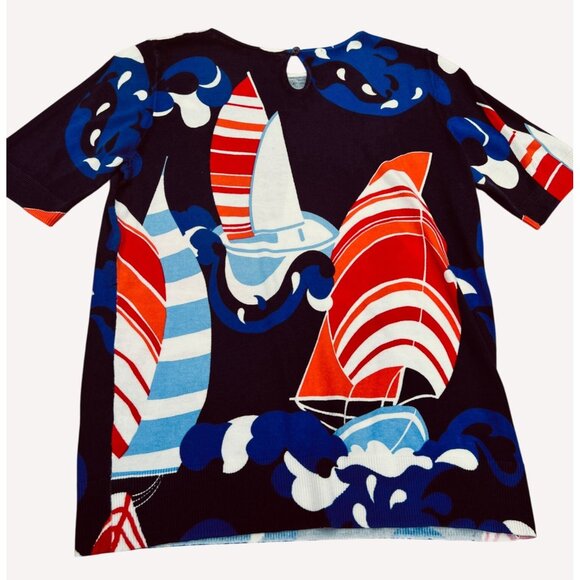 Talbots Petites MP Sailboat Print Sweater Short Sleeve Knit Cotton/Nylon Blend N - Picture 6 of 7